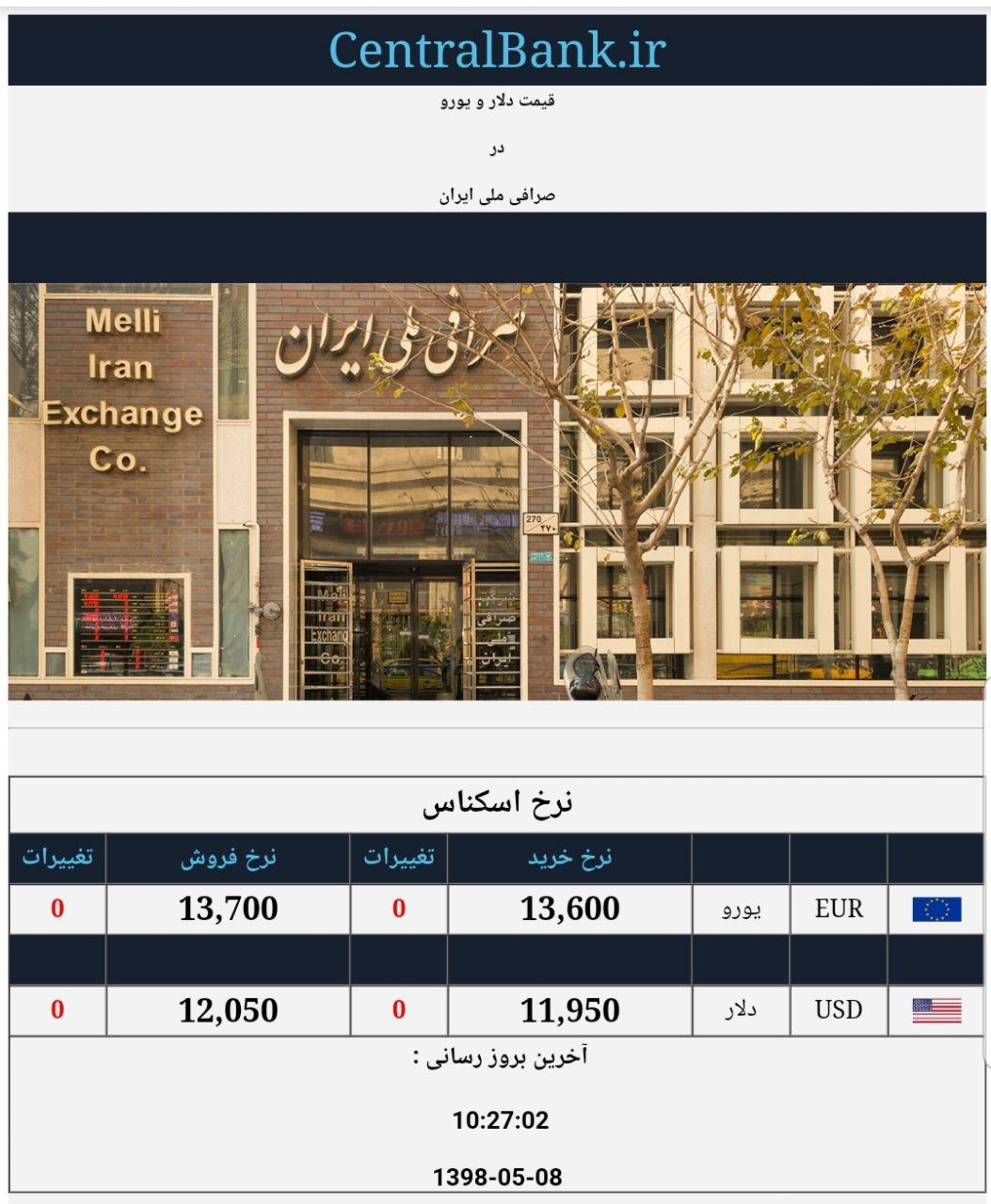 قیمت دلار و یورو در صرافی ملی امروز هشتم مرداد 98